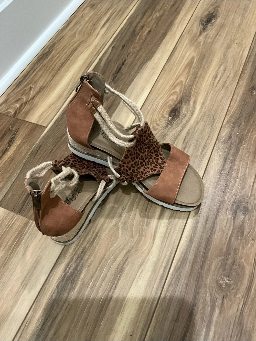 Boutique by Corkey Leopard Accent Tan Espadrille Wedge Sandals with Rope